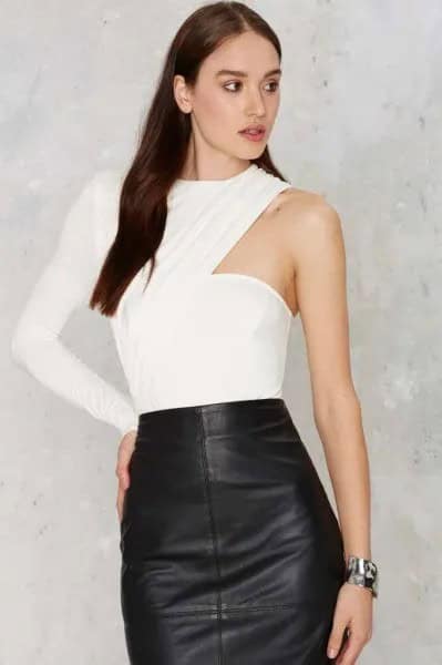 White One Sleeve Bodysuit Blouse with Black Leather Skirt