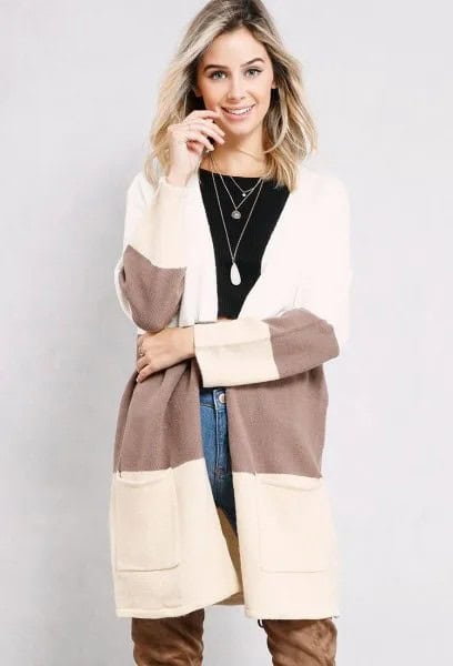 White and Grey Color Block Long Cardigan with Blue Jeans & Camel Long Boots