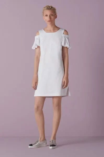 White Open Shoulder Ruffle Sleeve Mini Shift Dress