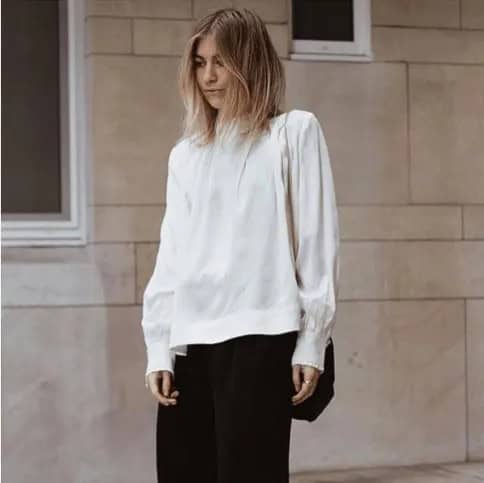 White Long Sleeve Blouse with Black Wide Leg Silk Pants