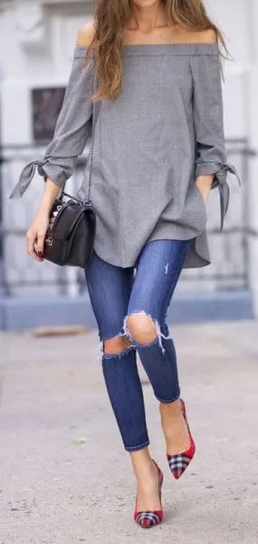 Grey Off Shoulder Top with Ripped Jeans & Red and Black Plaid Flats