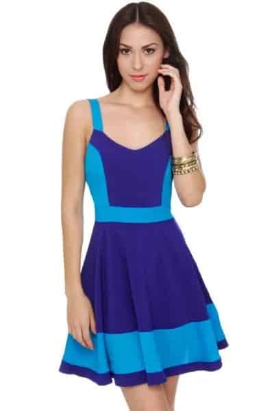 Navy and Sky Blue Color Block Mini Skater Dress