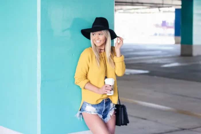 Yellow Sweater with Blue Ripped Denim Mini Shorts & Floppy Hat