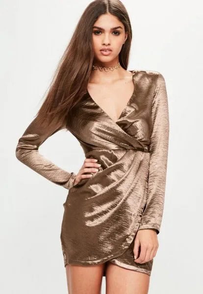 Rose Gold Long Sleeve Satin Wrap Dress