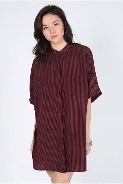 Burgundy Striped Batwing Shirt Dress