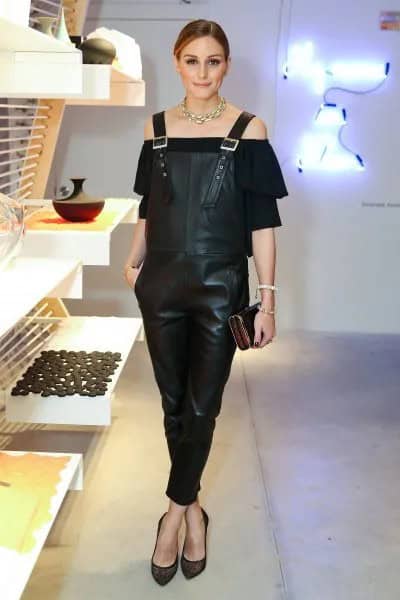 Leather Overalls with Black Off The Shoulder Blouse