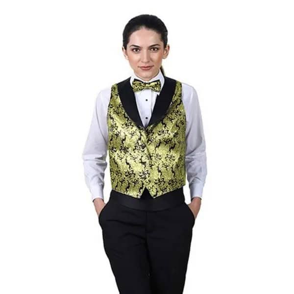 Gold and Black Printed Vest with Matching Bow Tie & White Shirt