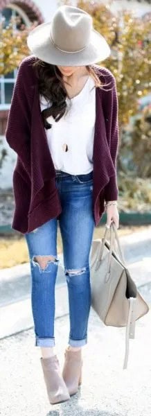 Purple Chunky Cardigan with Cuffed Ripped Skinny Jeans