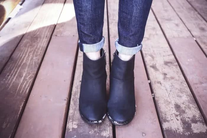 Blue Cuffed Slim Fit Jeans with Black Zipper Ankle Boots