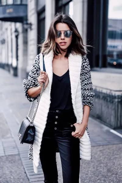 White and Black Printed Longline Sweater Cardigan with Velvet Pants