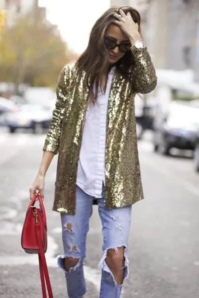 Gold Oversized Sequin Blazer with White Shirt & Boyfriend Jeans