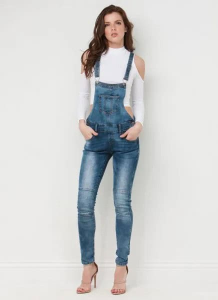 White Cropped Cold Shoulder Sweater with Blue Denim Skinny Overalls