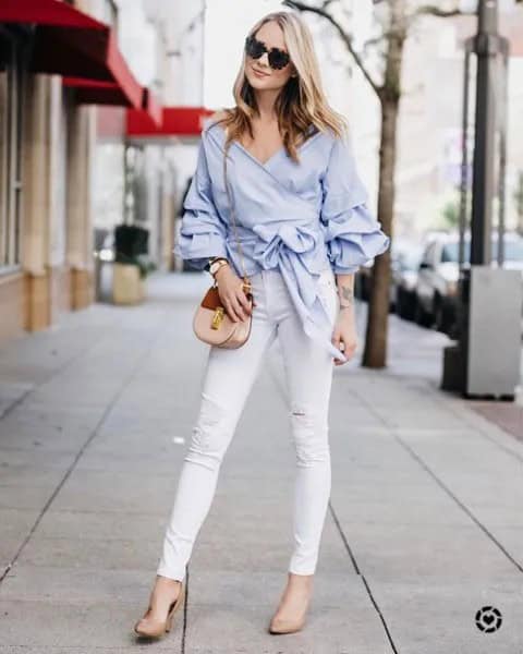 Light Blue Tie Waist Wrap Blouse with White Skinny Jeans