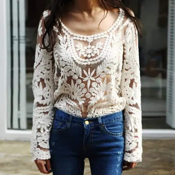 Semi-Sheer Lace Top over White Lace Bralette