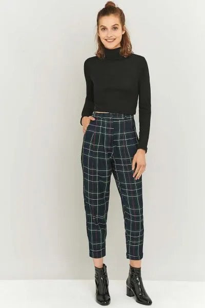 Cropped Mock Neck Sweater with Black and White Plaid Pants