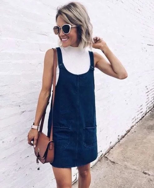 White Mock Neck Ribbed Sweater with Dark Blue Denim Overall Dress