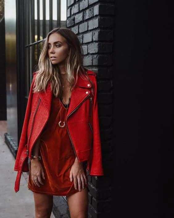 Red Satin Dress + Red Leather Jacket