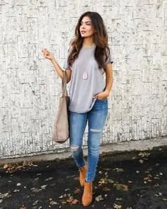 Grey Oversized T Shirt with Light Blue Skinny Jeans & Camel Boots