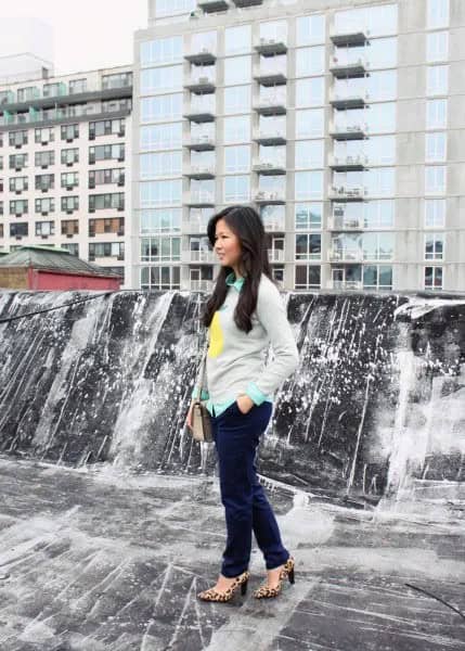 Light Grey Graphic Sweater Over White Button Up Shirt