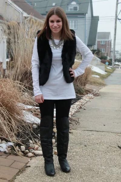 White Long Sleeve Tunic Top with Black Jeans & Leather Knee High Boots