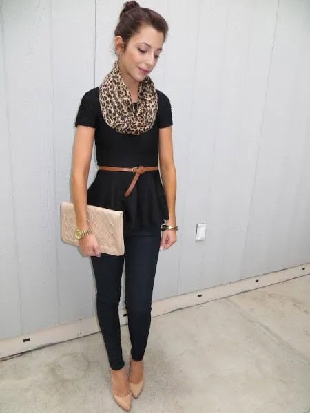 Black Belted Short Sleeve Peplum Blouse with Pink Clutch Bag