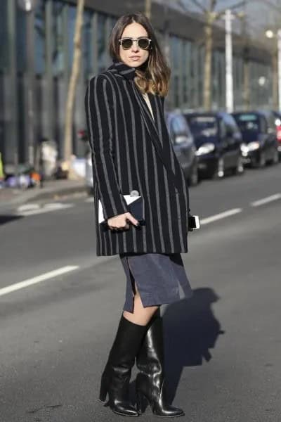 Black and Grey Large Blazer Jacket with Midi Straight Cut Skirt