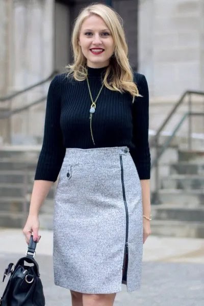 Black Mock Neck Sweater with Grey Tweed Pencil Skirt