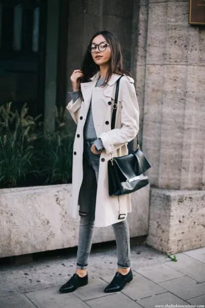 White Midi Winter Trench Coat with Grey High Waisted Slim Fit Cuffed Jeans