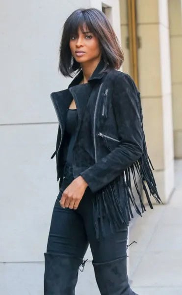 Suede Fringe Jacket with All Black Outfit