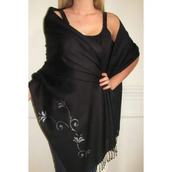 Black Shawl with Silver Floral Printed Details