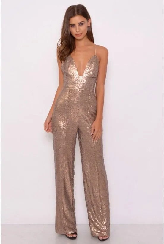 Silver Deep V Neck Spaghetti Strap Glitter Jumpsuit