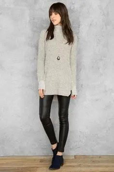 Grey Mock Neck Tunic Sweater with Black Leather Leggings