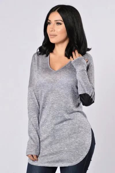 Grey V Neck Elbow Patch Sweater