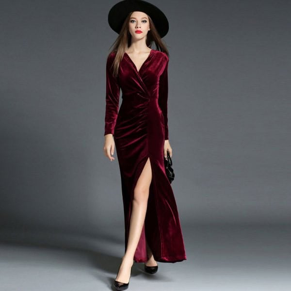 Black Felt Hat with Burgundy Maxi Velvet Wrap Dress