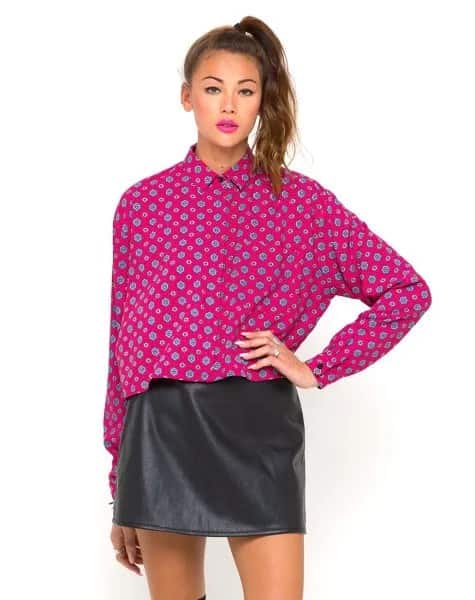 Pink Printed Batwing Shirt with Black Leather Mini Skirt