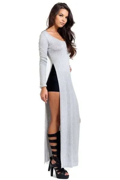 Grey Maxi Side Slit Tee with Black Strappy Cutout Knee High Boots