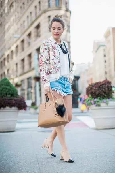 White Floral Bomber Jacket with Blue Mini Denim Shorts