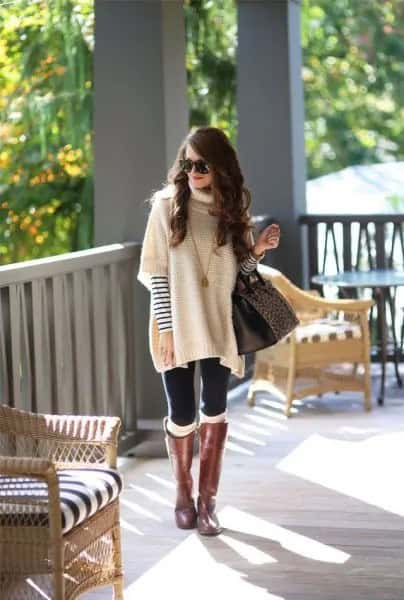 Ivory Poncho Sweater with Black and White Striped Long Sleeve Tee