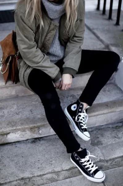 Grey Parka Jacket with Turtleneck Sweater & Black and White High Top Canvas Shoes