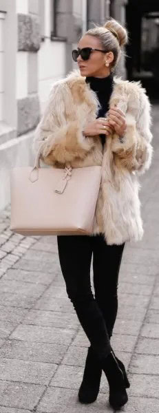 Pink Coat with Black Mock Neck Sweater & Skinny Jeans