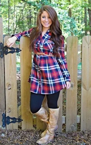 Blue and Red Plaid Tunic with Ivory Knee High Leather Boots