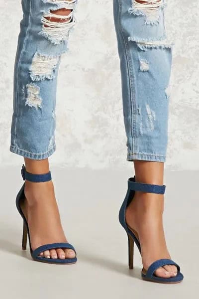 Heavily Ripped Ankle Slim Fit Jeans & Blue Ankle Strap Open Toe Denim Heels