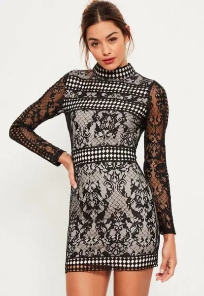 Black and White Tribal Printed High Neck Lace Dress