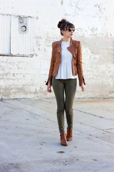 Tank Leather Jacket with White Peplum Top & Grey Jeans