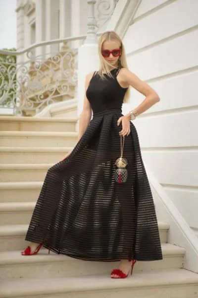 Black Sleeveless Top with Striped Maxi Skirt