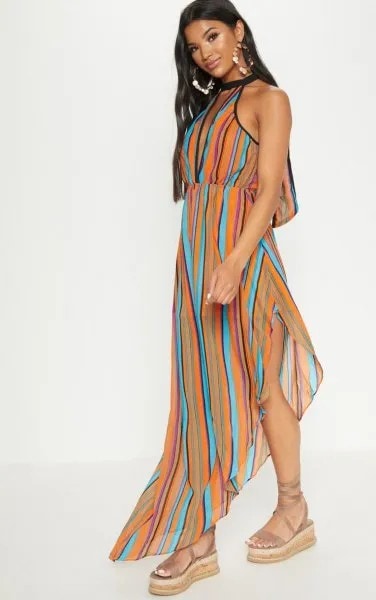 Orange, Blue and Black Vertical Striped Maxi Chiffon Dress