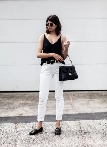 Black V Neck Vest Top with White Cuffed Straight Leg Jeans & Loafers