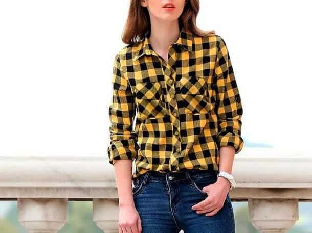 Yellow and Black Plaid Shirt with Dark Blue Skinny Jeans