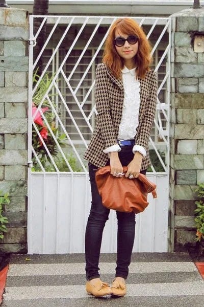 Checkered Blazer with White Lace Blouse