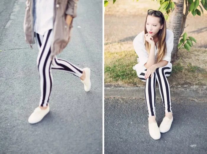 White Button Up Boyfriend Shirt with Vertical Striped Leggings